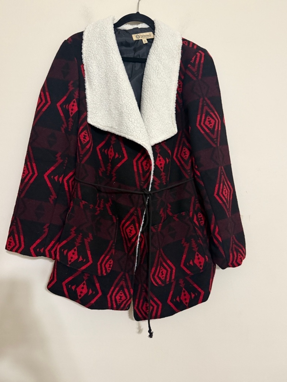 Democracy Red & Black AZTEC Teddy Sherpa Collar Jacket coat women XL WOOL belted